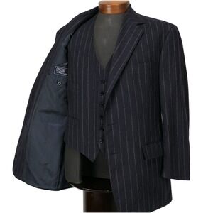 VTG Polo Ralph Lauren 42R Navy Flannel Wool Pin Stripe Blazer /Vest Set USA 90s